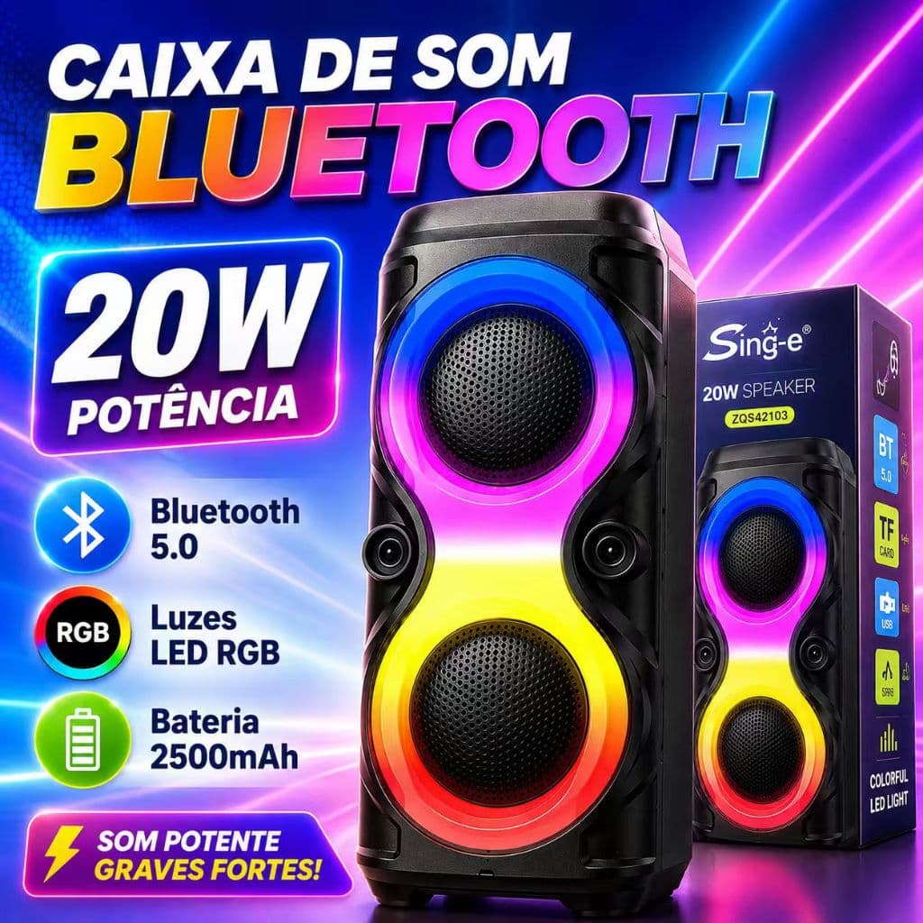 Caixa de Som RGB Portátil Bluetooth Som Potente 20W Bateria 2500mAh