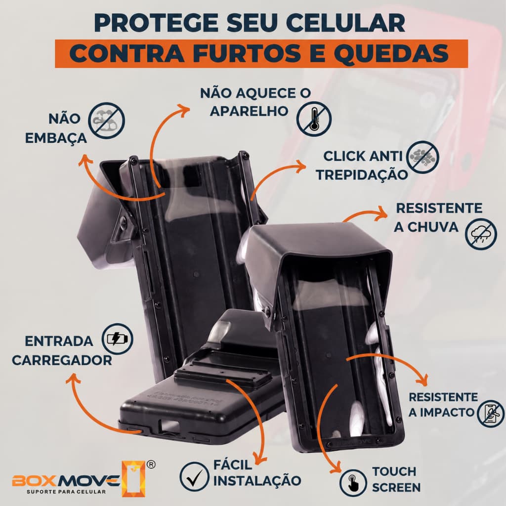 Suporte Celular Moto Antifurto BoxMove Impermeável GPS Touch Screen Anti Vibração