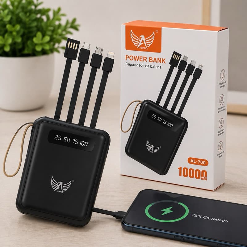 Power Bank Portátil 10000mAh Com Cabos Embutidos Digital Universal