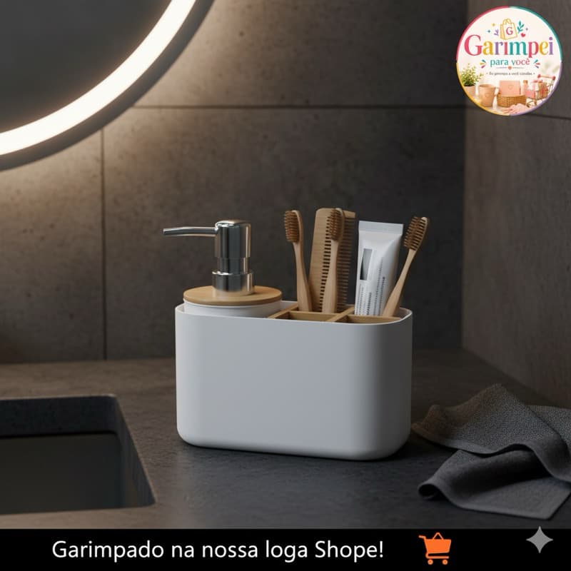 Organizador de Banheiro com Dispenser Pump 280ml Bambu Branco Porta Sabonete Liquido