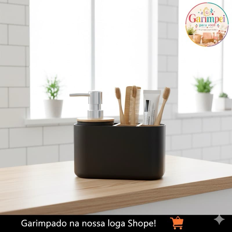 Organizador de Banheiro com Dispenser Pump 280ml Bambu Preto Porta Sabonete Liquido