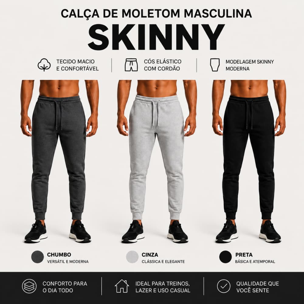 Calça Masculina Moletom Skinny Jogger Calça com Bolso Calça de Moletom Lisa calça moletinho