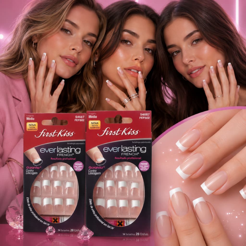 Unha Postiça First Kiss Everlasting French Francesinha Gel | KIT 2 CAIXAS Média 28 Unidades