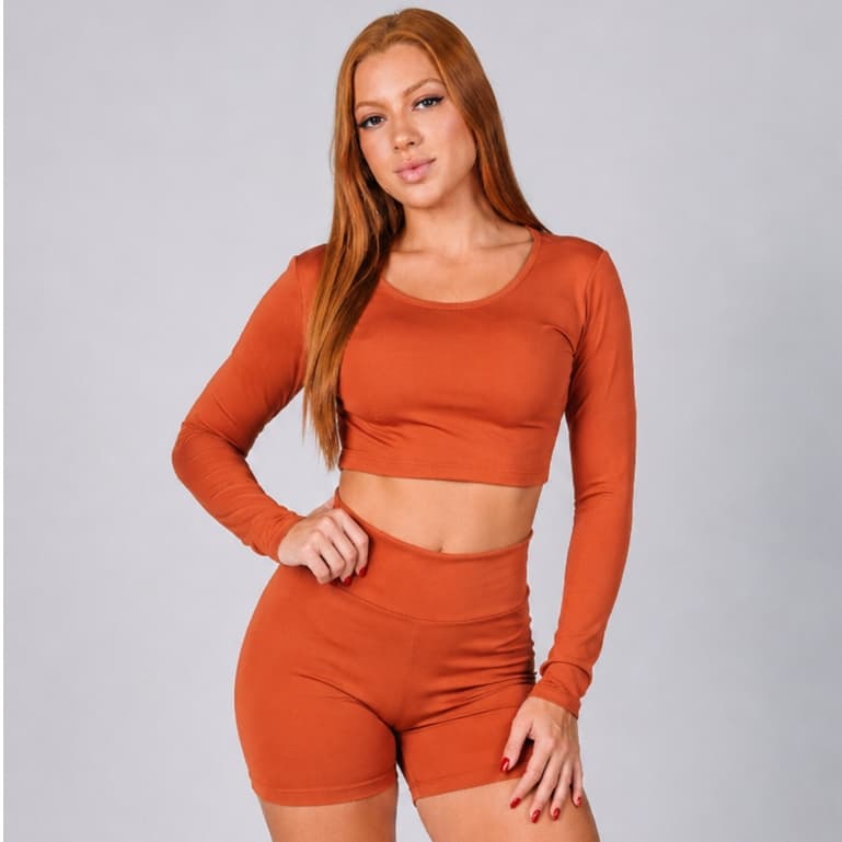 Conjunto Cropped Manga Longa e Short Legging Basico Zero Transparencia Fitness Academia