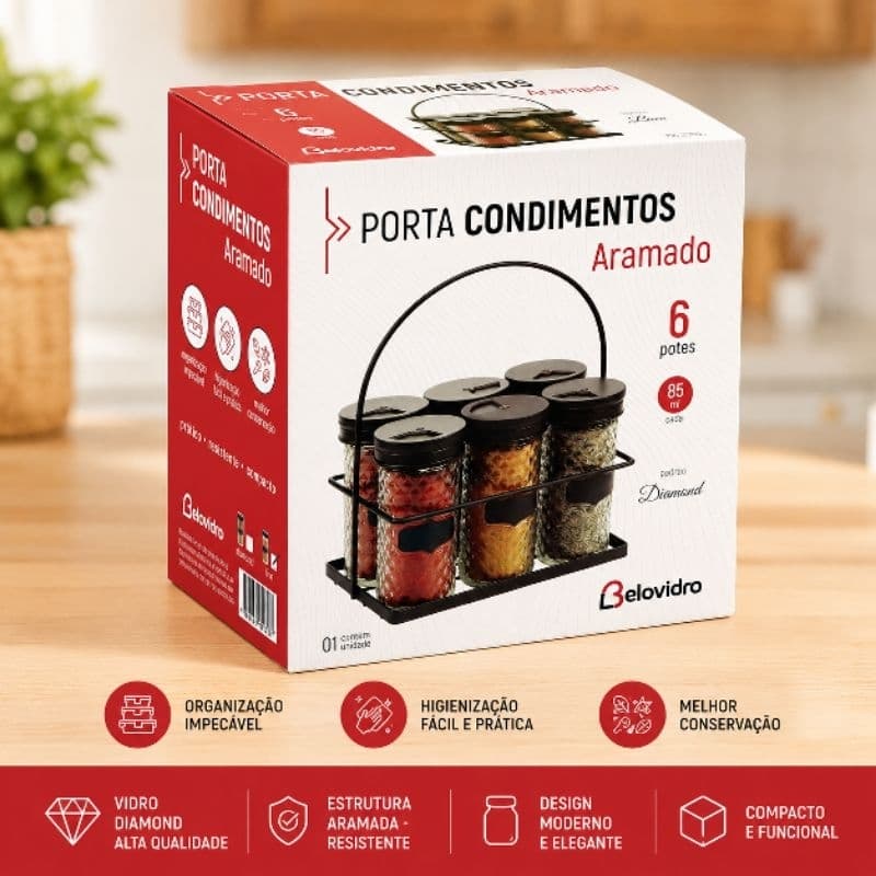 Porta Temperos com 6 Potes de Vidro Diamond 85ml – Organizador de Temperos Moderno