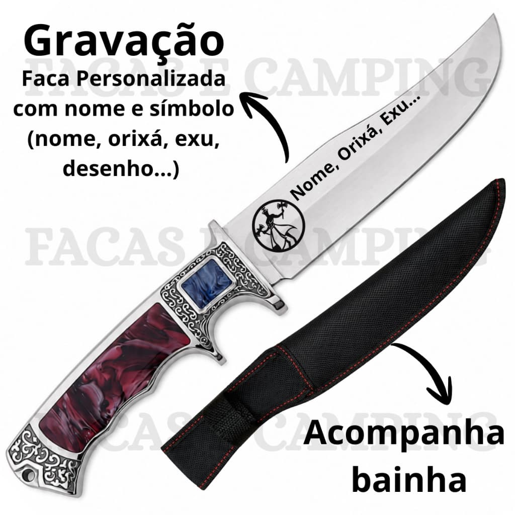 Faca Ritualística de Resina e Inox Personalizada Nome Orixá Tridente Exu