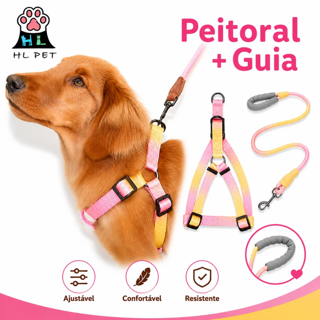 Coleira e Guia com Amortecedor e Pegador Peitoral Ajustável Para Pets Cachorros e Gatos Colorido
