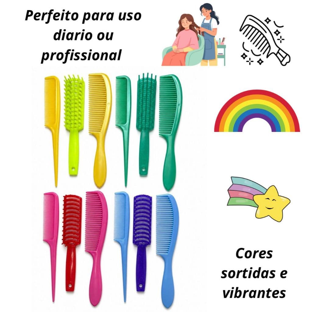kit 03 unidades Pente cabo fino profissional + pente tradicional e Escova de plastico - pente cabelo