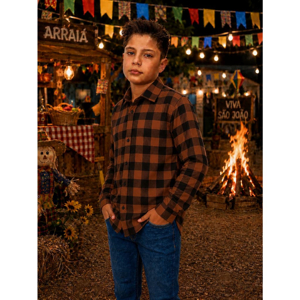Camisa Xadrez Flanelada Infantil e Juvenil Manga Longa De Botão Festa Junina