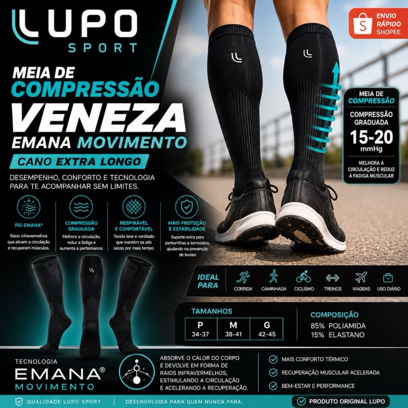 Meia Compressão Lupo Sport Veneza Emana Cano Extra Longo 15-20 mmHg Corrida Academia Viagem