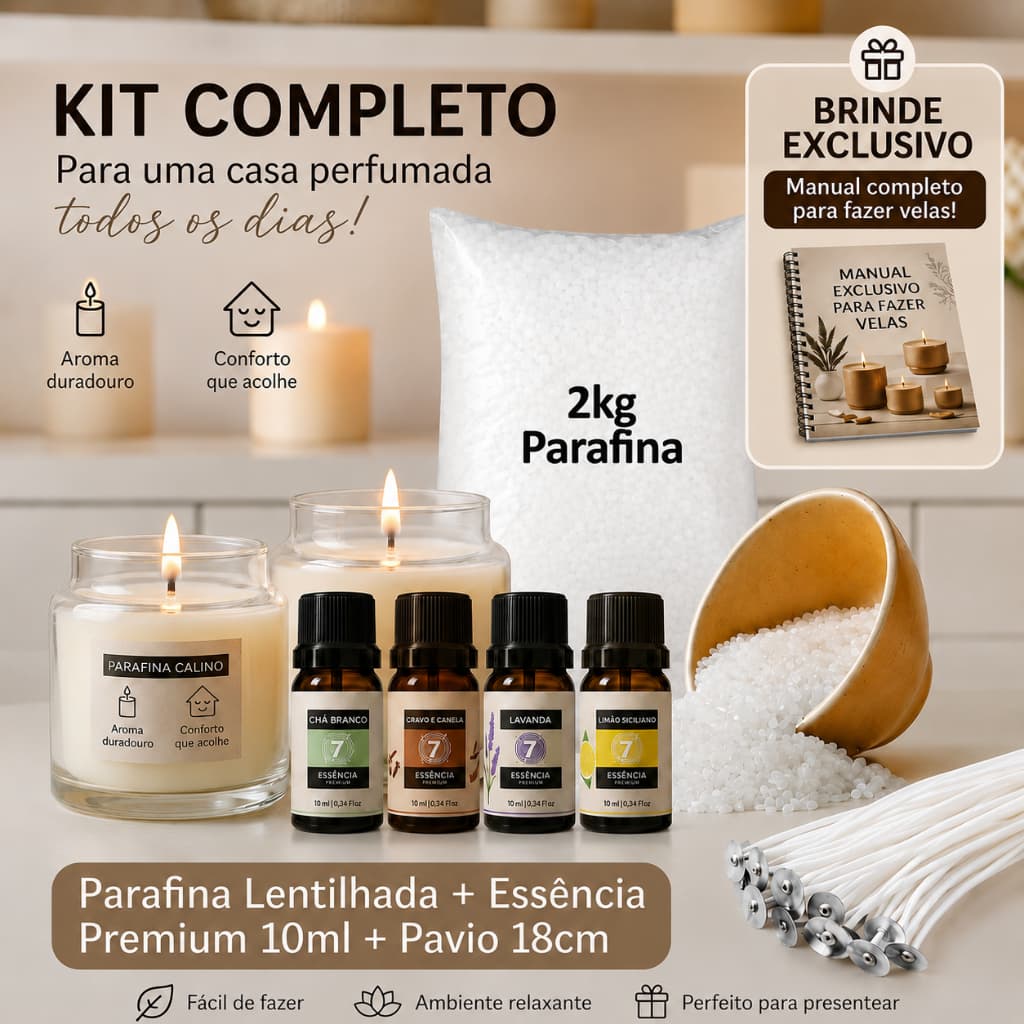 Kit Parafina Lentilhada 2KG + Pavio 18cm + Essência PREMIUM 10ml para Velas Perfumadas e Decorativas