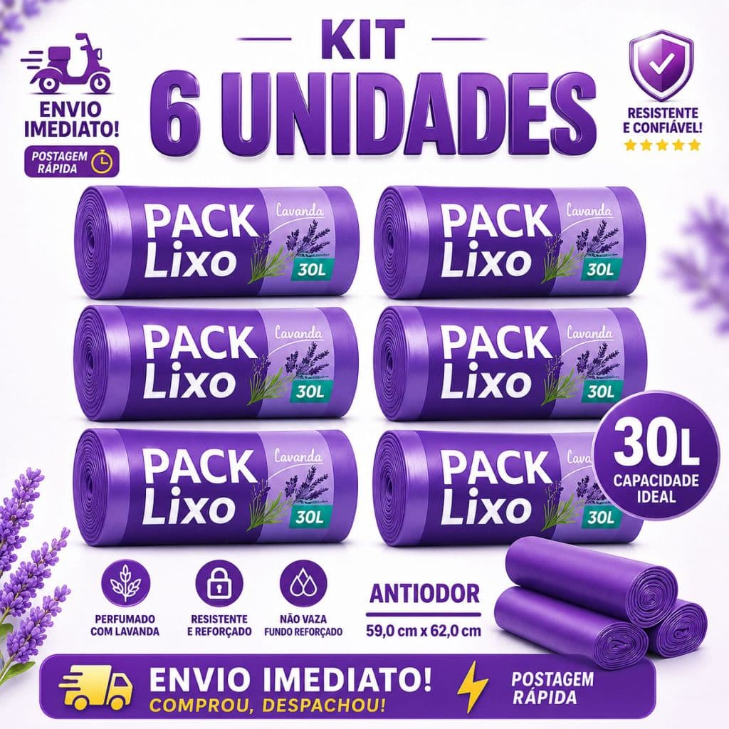 Saco de Lixo Perfumado Lavanda 30L Kit 3/4/6 Econômico Anti-Odor Anti-Inseto Saco de lixo Cheiroso