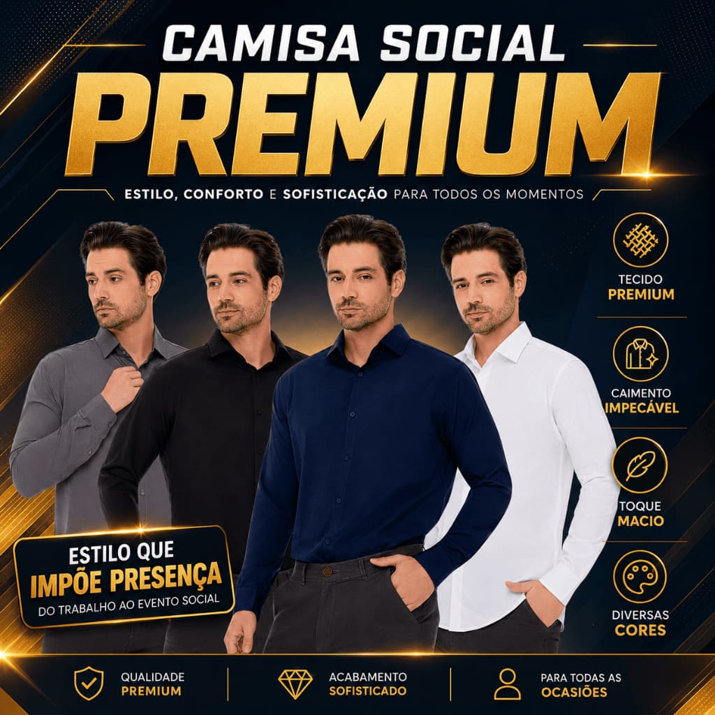 Camisa Social Masculina Manga Longa Slim Elegante Casual Trabalho Confortável Premium Passa Fácil