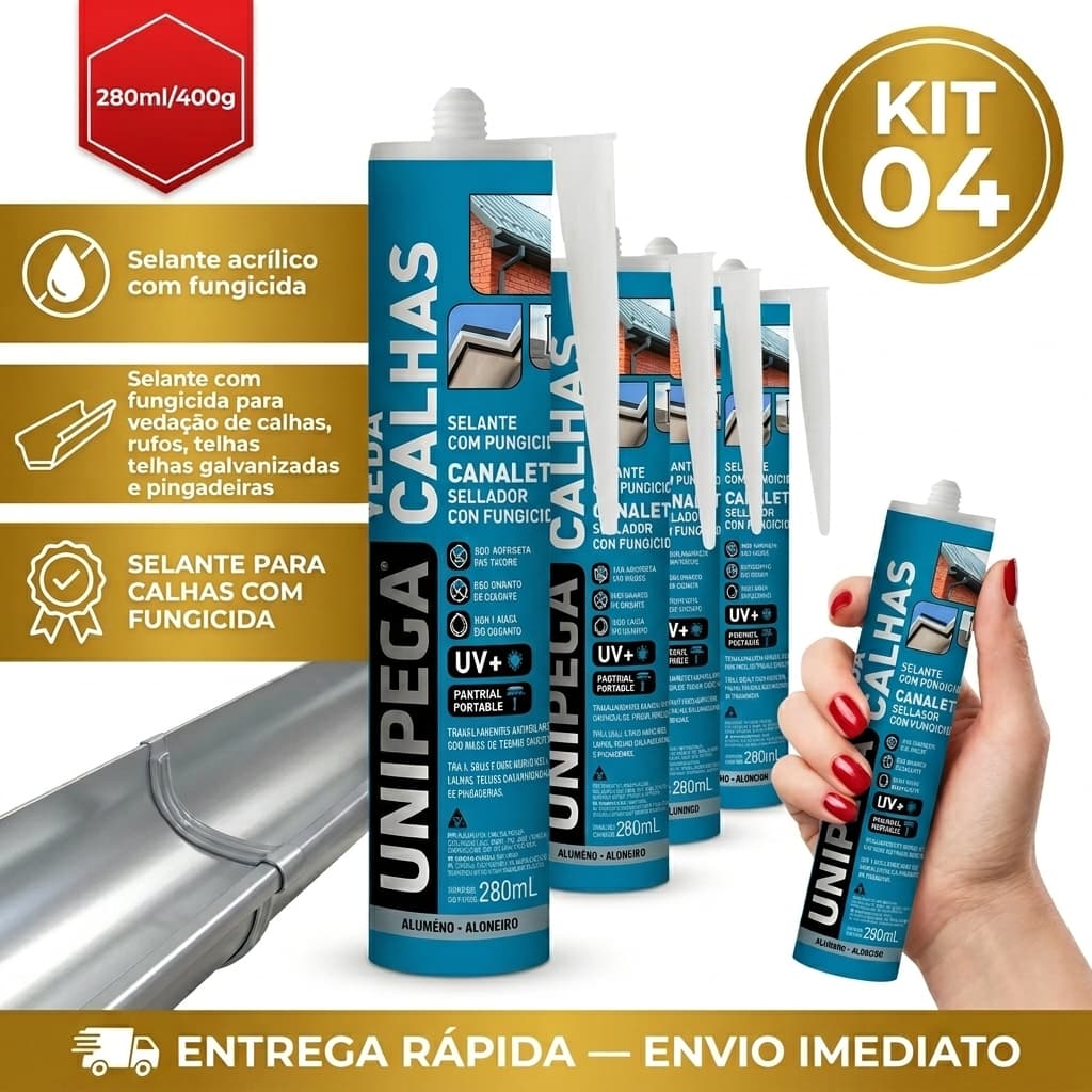 04 Cola Selante Veda Calha Adesivo Rufo Canaleta 280ml Unipega Fungicida Pingadeira Telha