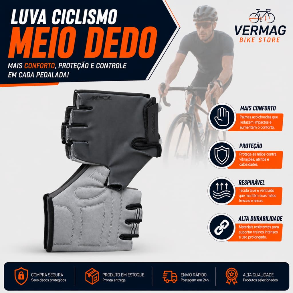 Luva Ciclismo Academia TSW Gel Antiderrapante Anti-Impacto Meio Dedo Speed MTB