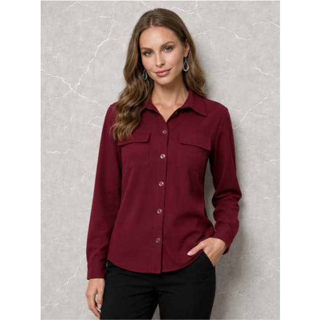 Camisa Feminina Manga Longa Social Casual com Bolsos Outono Inverno Trabalho Dia a Dia