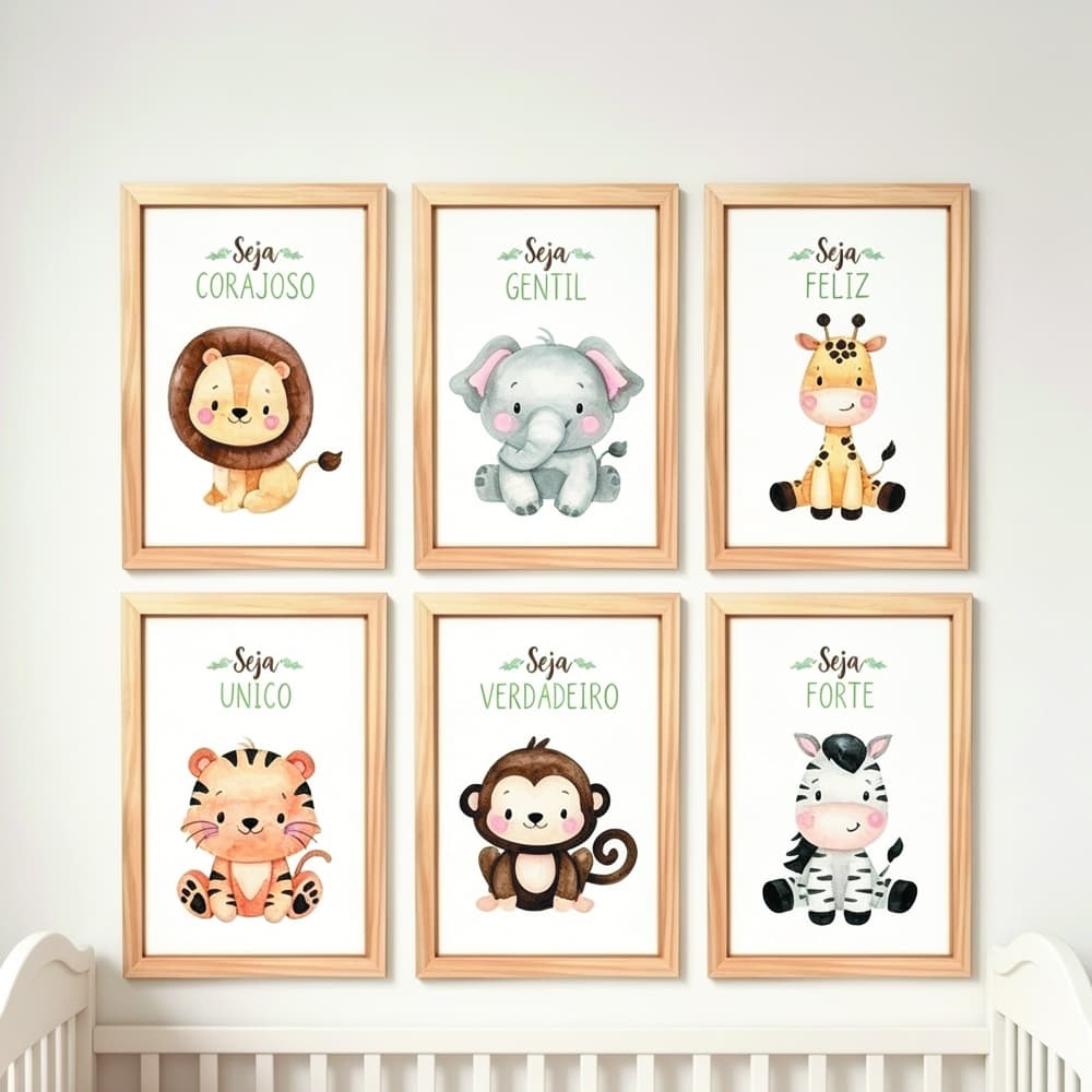 Kit 6 Peças Quadros Decorativos Safari Aquarela Animais Para Quarto de Bebe Menino Menina