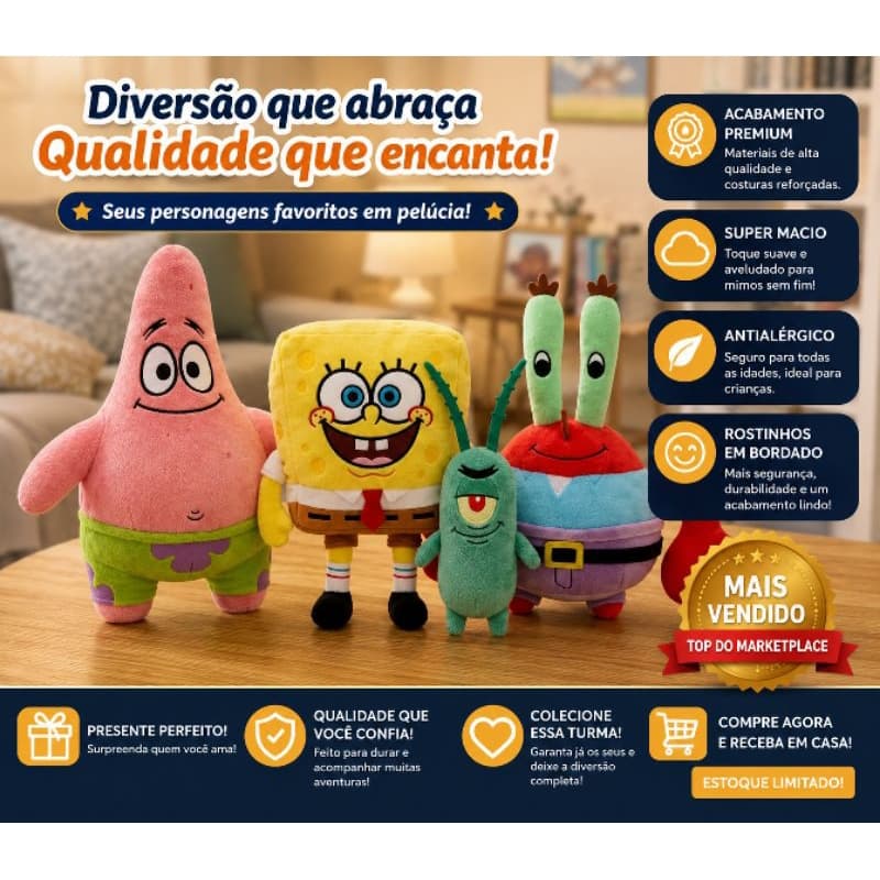 Pelúcia Bob Esponja e Seus Amigos / Combo 4 bonecos Pelúcia 25cm a 30cm