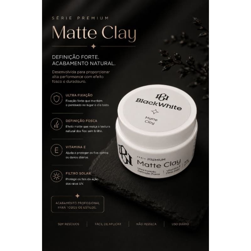 Pomada Modeladora Matte Clay 90g-Fixação Forte e Fosco-Bkack White