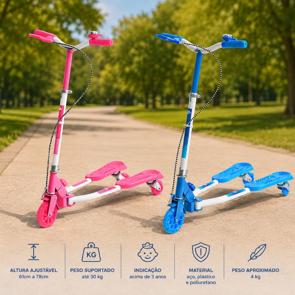 Patinete Infantil 3 Rodas LED Dobrável Azul Rosa Guidão Ajustável Radical Criança