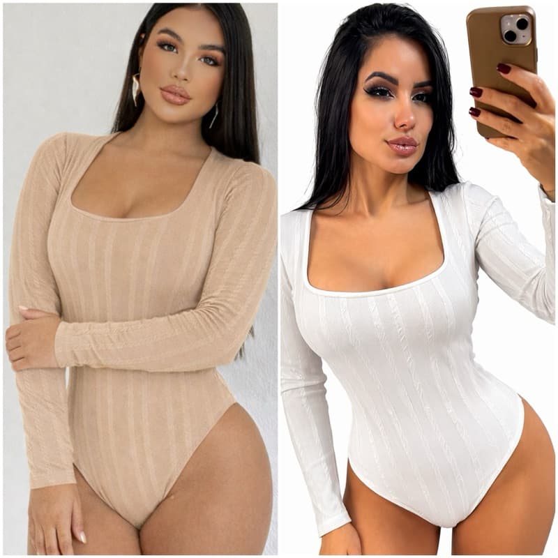 Kit 2 Body Femenino Decote Quadrado Manga Comprida Forro duplo Premium