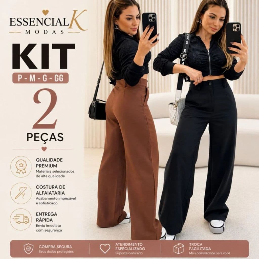 Kit 2 Calça Pantalona Alfaiataria PREMIUM Cintura Alta Com Bolso PROMOÇÃO