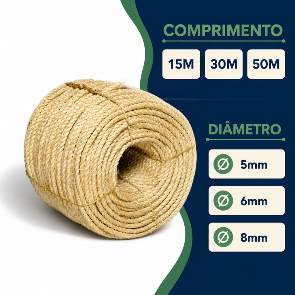Corda de Sisal Natural 5mm 6mm 8mm Rolos Com 15Mts 30Mts 50Mts Decoração Arranhador Artesanato