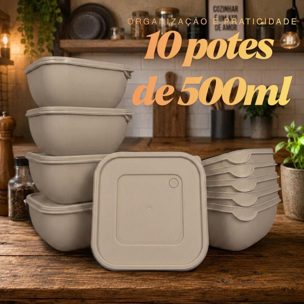 Kit 10 Potes de 500ml Herméticos de Plástico com Tampa – Empilháveis e Resistentes para Alimentos