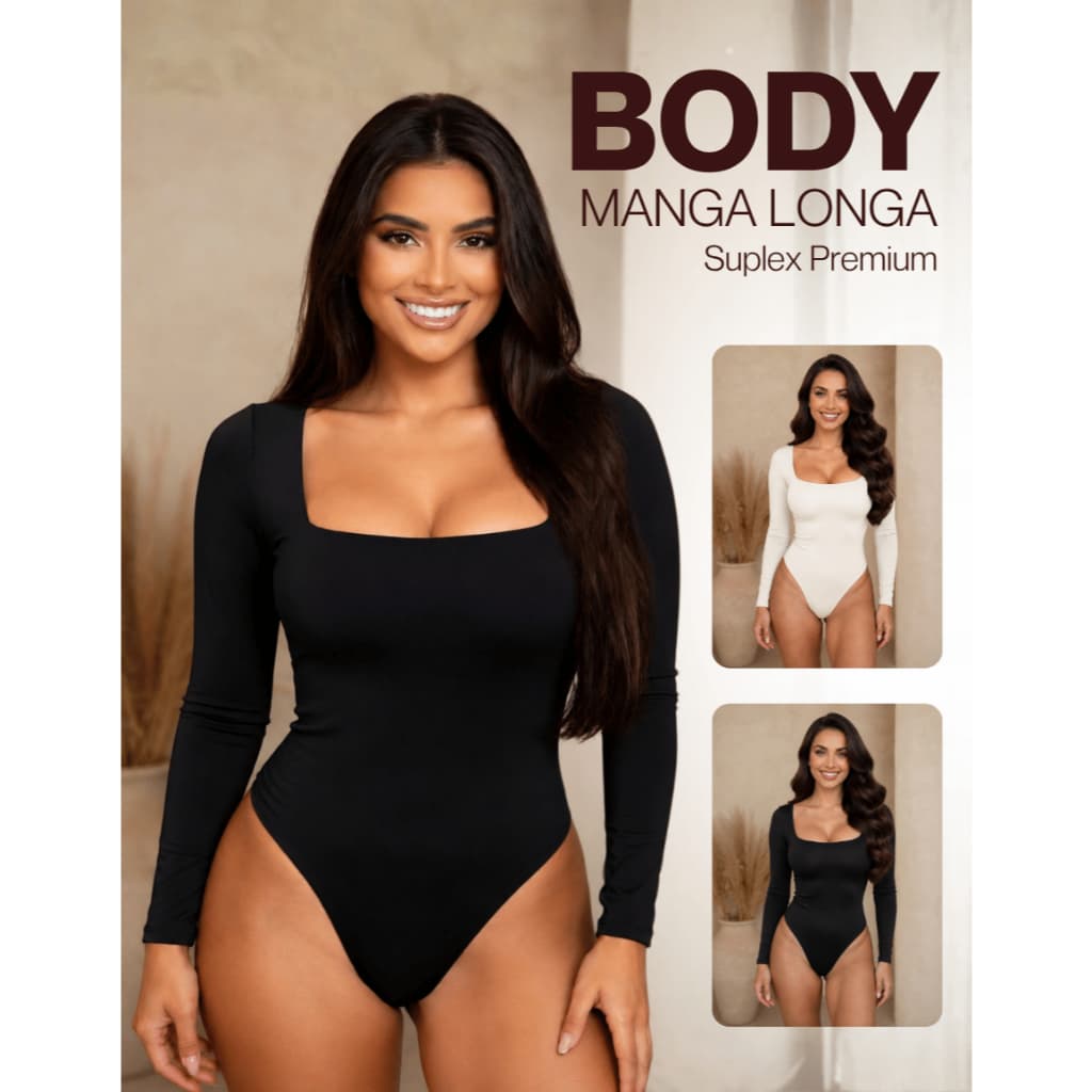 Body Manga Longa Comprida Moda Gringa Suplex Modelador Tendência Outono Inverno