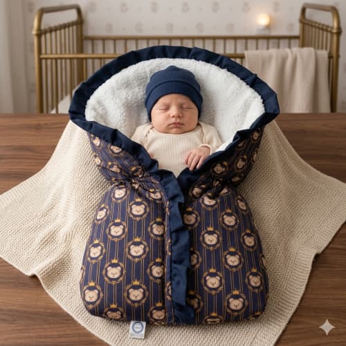 Porta Bebê Saco de Dormir Sherpa Algodão Estampado Urso Príncipe Menino