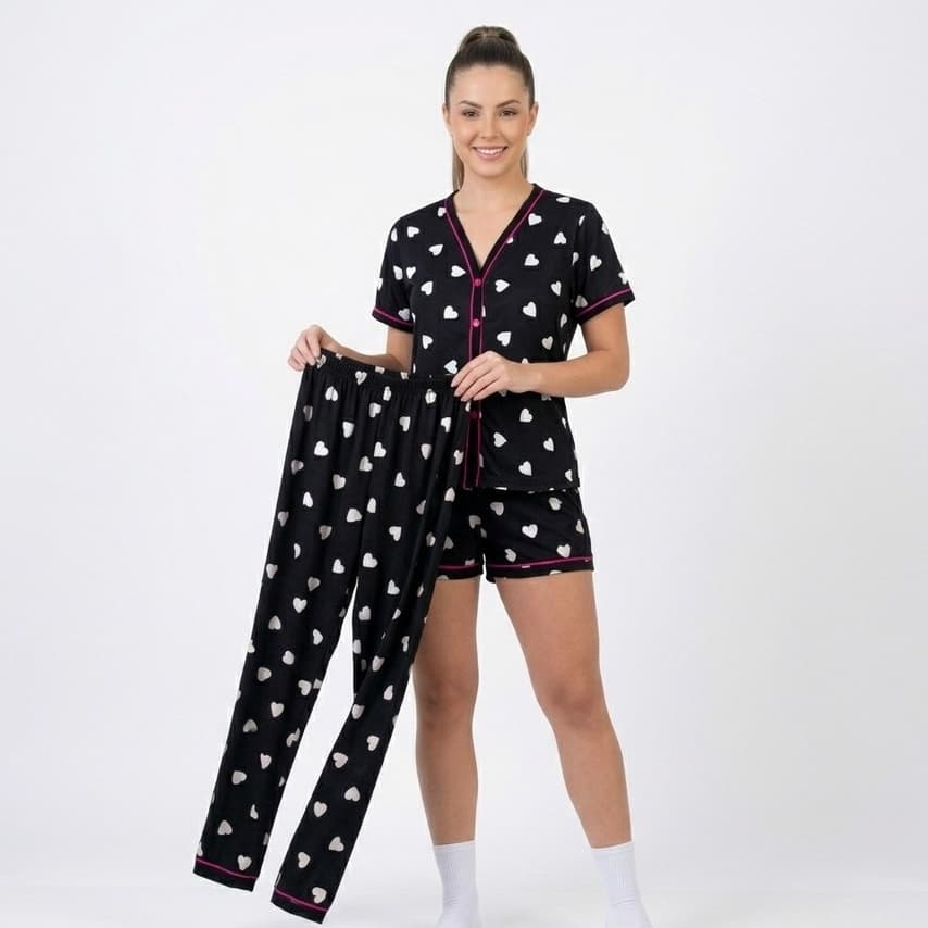 Kit Pijama 3 Peças Americano Feminino Camisa Botões+ Calça + Short Gola V Conforto Malha Amamentação