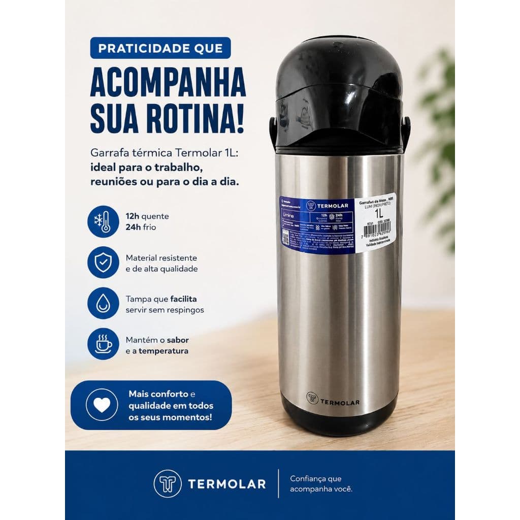 Garrafa Térmica 1l Litro Lumina Inox Termolar