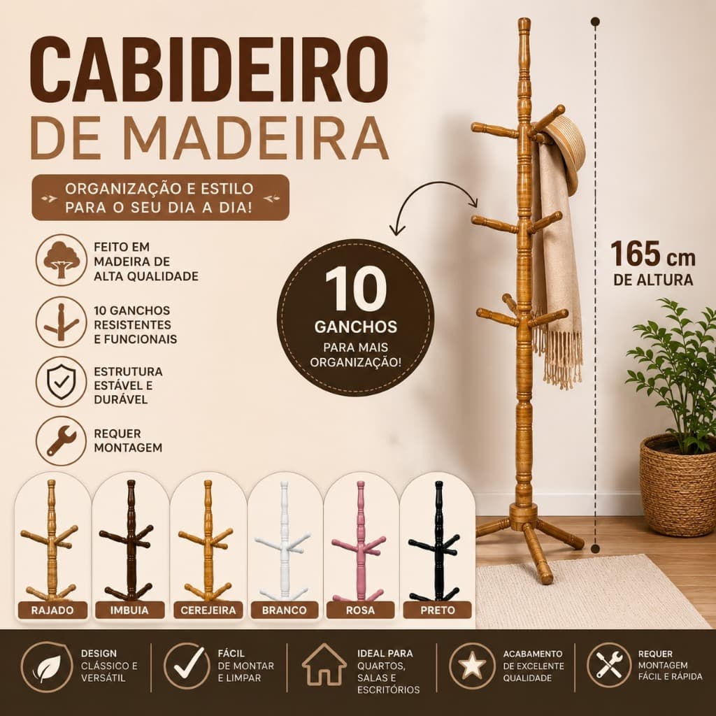 Cabide Madeira Mancebo Chão Arara Reforçado Porta Roupas Cabideiro Organizador Quarto Sala Multiuso