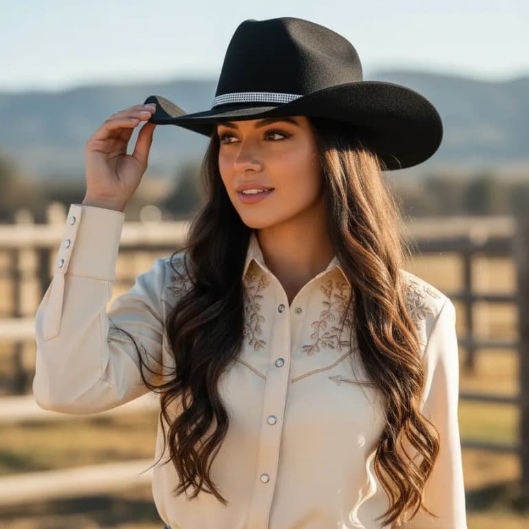 Chapéu Country Preto Com Strass Feminino Cowgirl Rodeio Festa