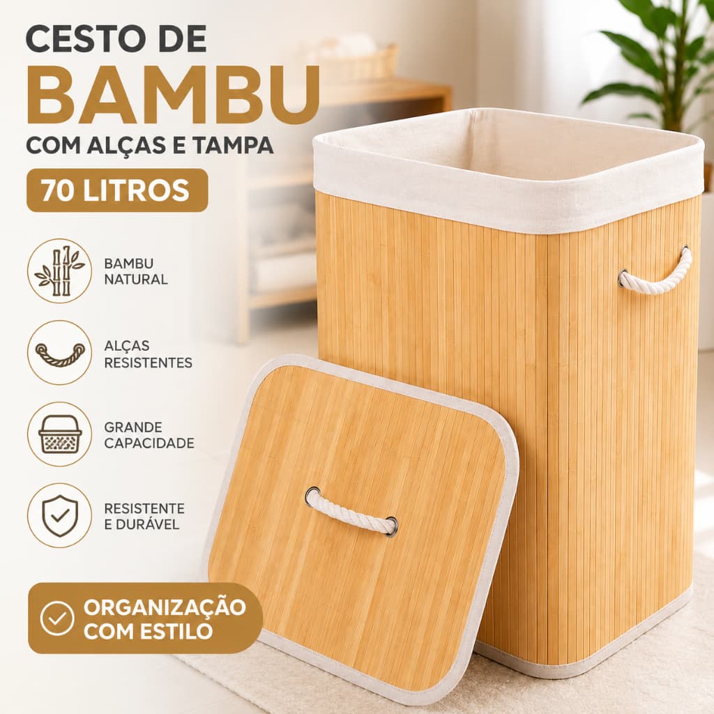 Cesto de Bambu com alças e tampa 70L-Multiuso