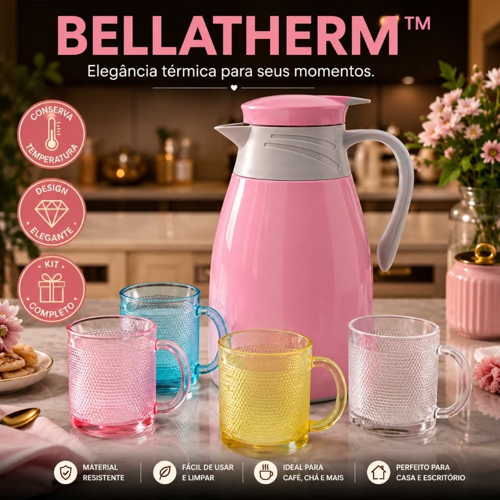 Kit Garrafa Térmica BELLATHERM™ 1L com 4 Canecas de Vidro Coloridas Rosa