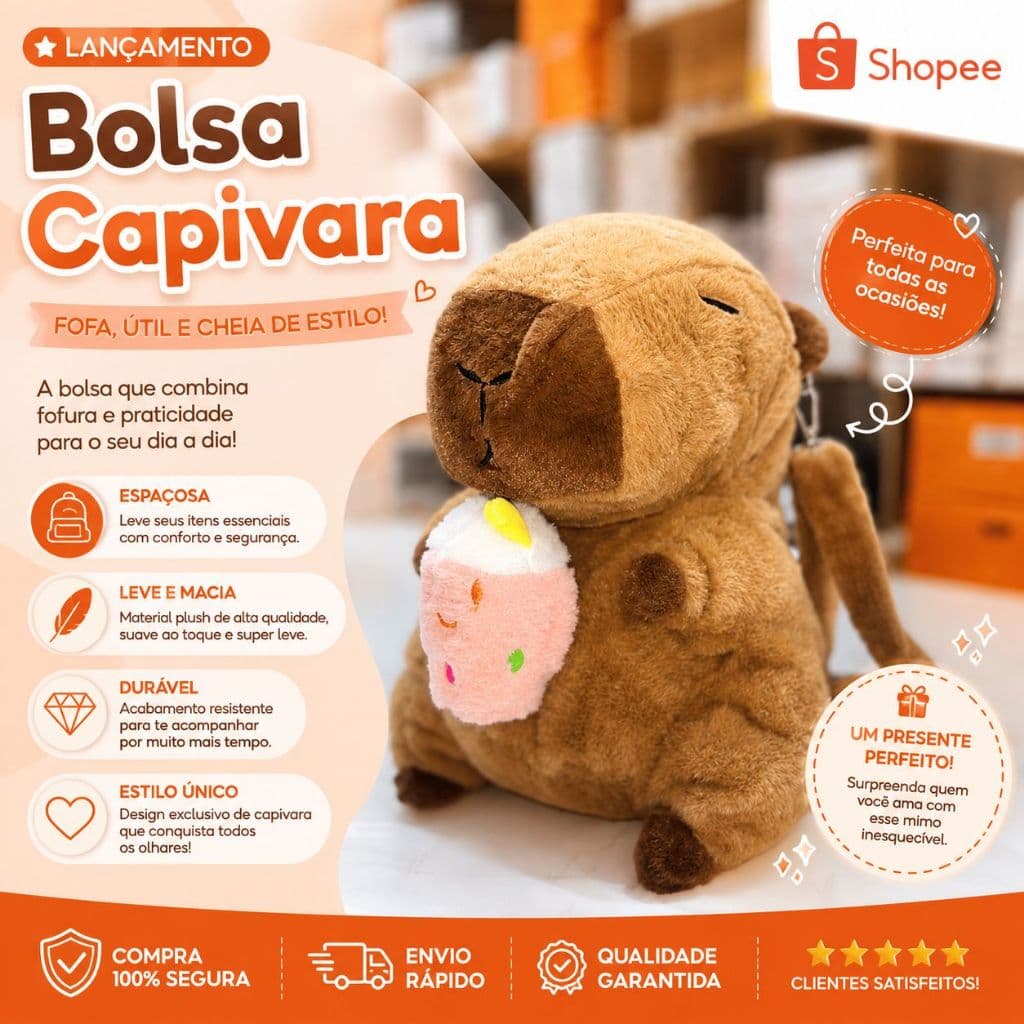 Mochila Infantil Capivara em Pelúcia Macia e Confortável modelo - 312046