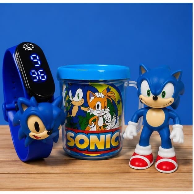 Presente Infantil Sonic Completo – Kit com Relógio Digital, Copo e Boneco