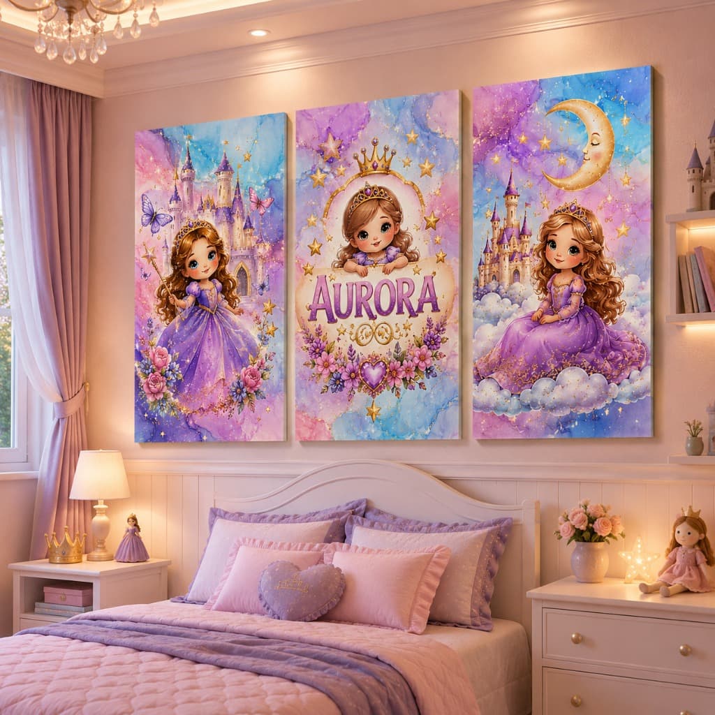 Kit 3 Quadros Princesa Personalizado Com Seu Nome Decor Quarto Infantil