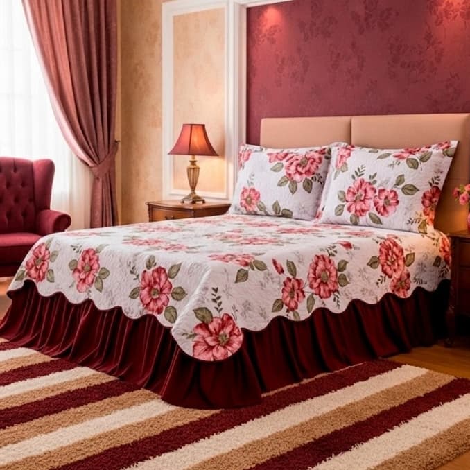 Kit Colcha Cobre Leito Belize Estampado Casal Queen 3 Peças Babado Exclusivo Ondulado