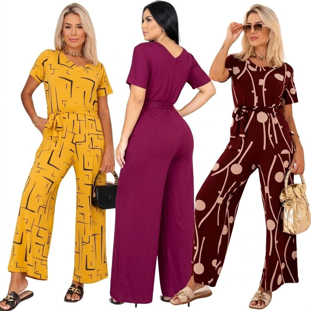 Macacão Pantalona com Cinto, feminino, elegante, dia a dia, trabalho, estampado, conforto,  moderno, estiloso, elegante.