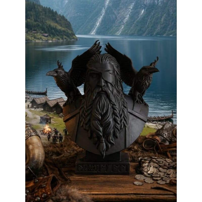 Busto Odin com Corvos Mitologia Nórdica Decoração Geek
