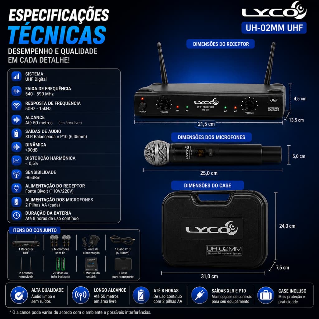Microfone Sem Fio Duplo Lyco UH-02MM UHF Profissional Com 2 Microfones Dinâmicos  Saída XLR P10 Case