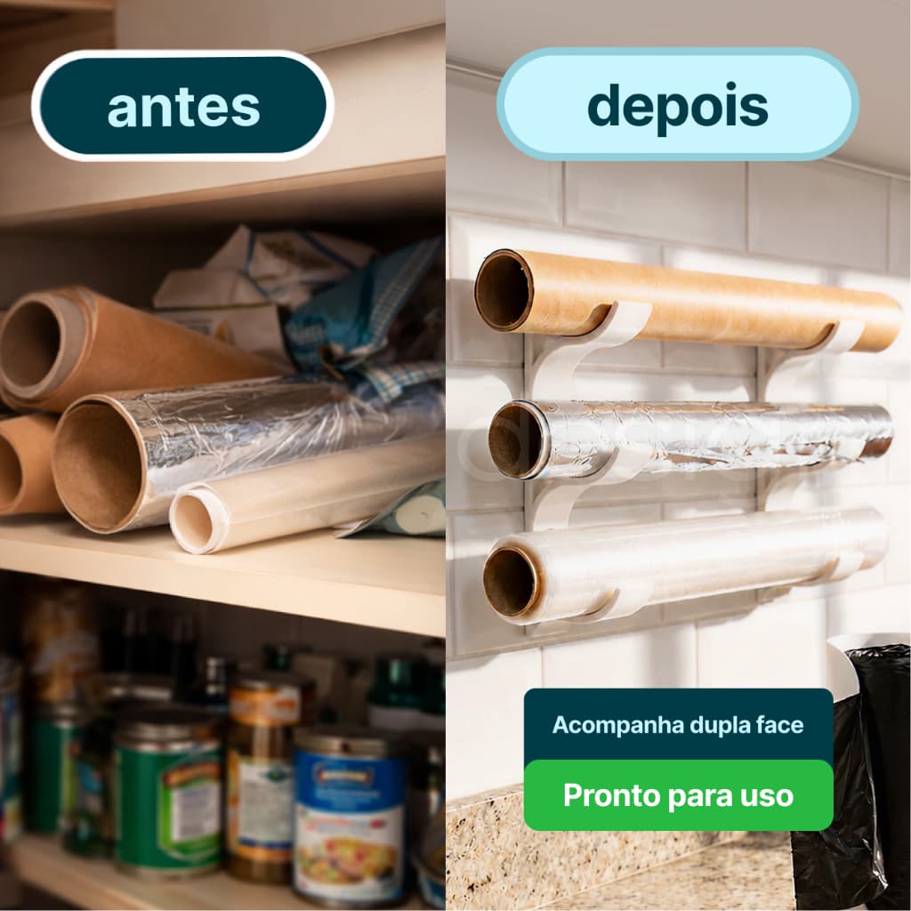 Kit Suporte Organizador para Rolos de Cozinha | Alumínio e Filme Plástico | Organização Inteligente