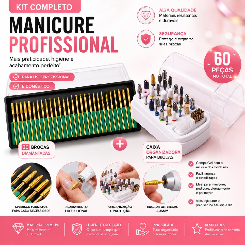 Kit 30 Brocas + Portador de brocas Unhas Manicure Lixadeira