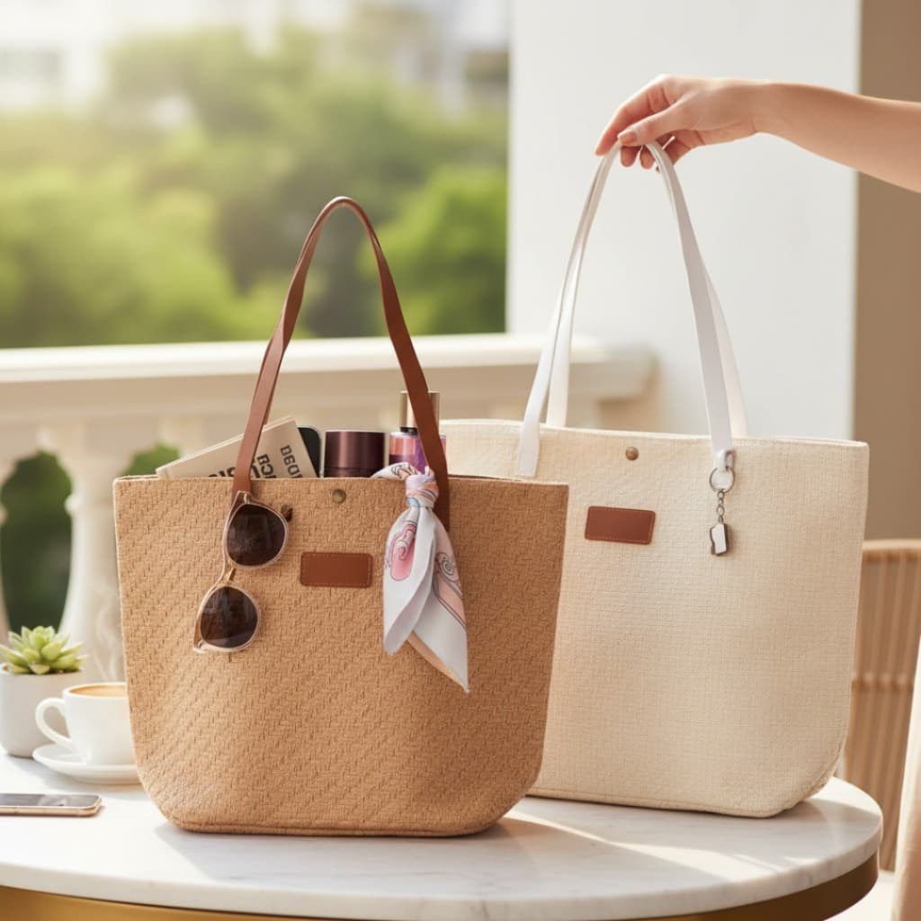 Bolsa Palha Trançada Feminina Couro Sintético Fecho Pressão Bolso Zíper Forro Algodão Praia
