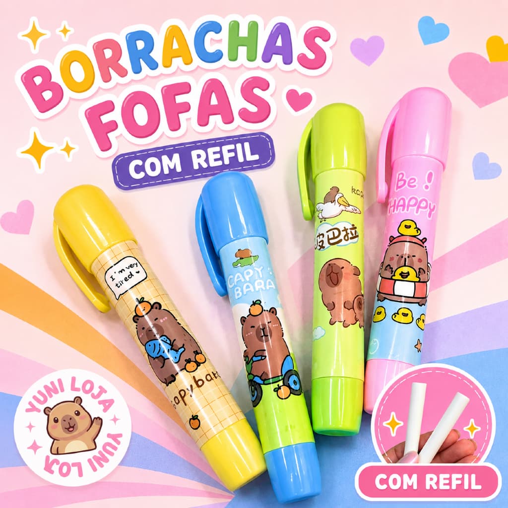 Kit Borracha Escolar Capivara Com 2 Refil Papelaria Fofa - Borracha Retrátil Capivara