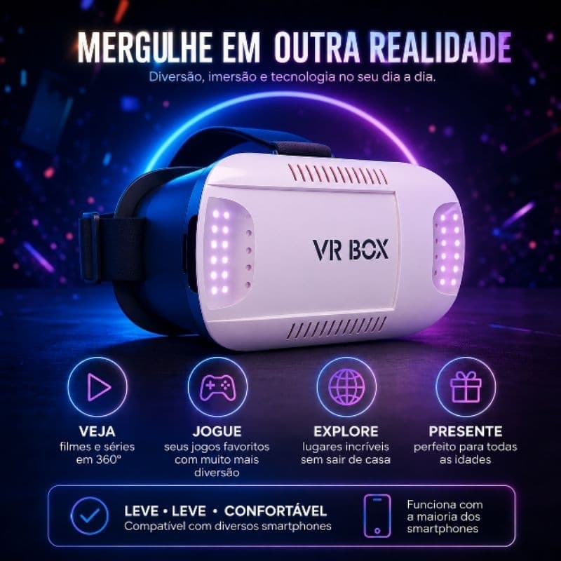 Óculos VR 3D Realidade Virtual com Controle Bluetooth para Android e iPhone até 6,5" | Jogos, Vídeos 360° e Metaverso