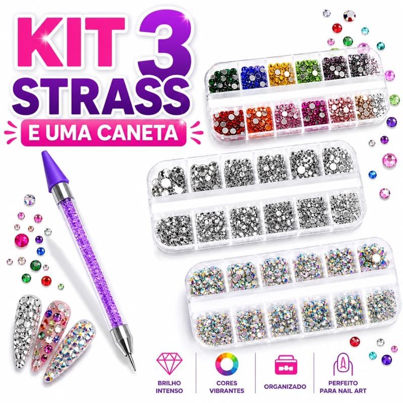 Decoração de Unhas com Strass – Kit 3 Estojos e Caneta Pega Strass