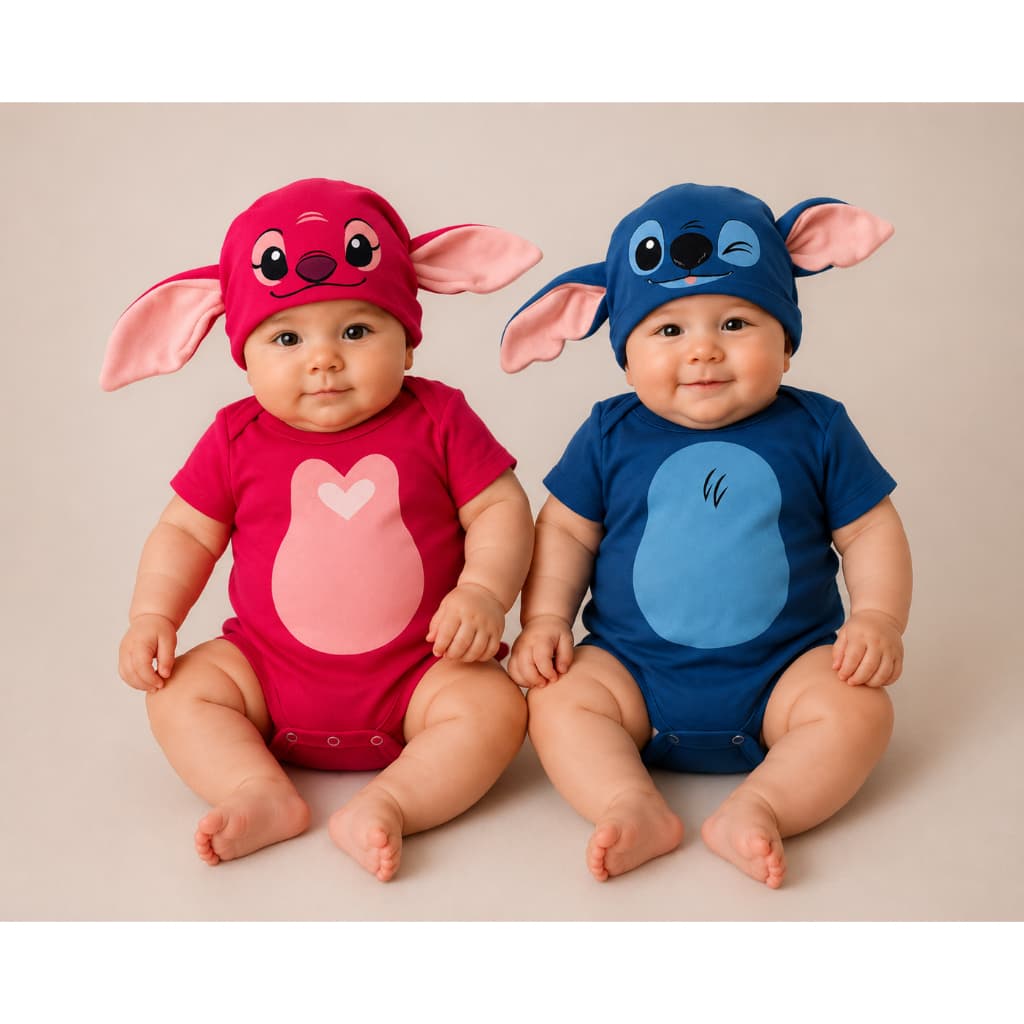 Body Bebe Temático Stitch e Angel Body + Touca Bori de Mesversario